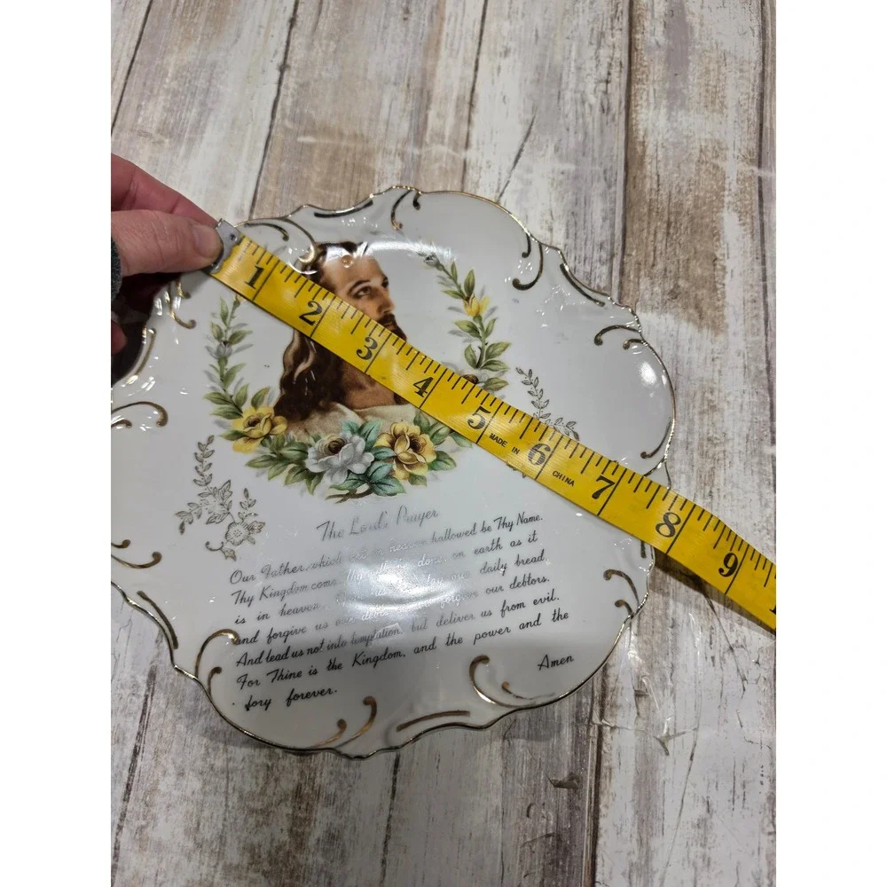 Vintage Jesus Portrait The Lords Prayer Decorative Scalloped Gold Trim Plate 8in